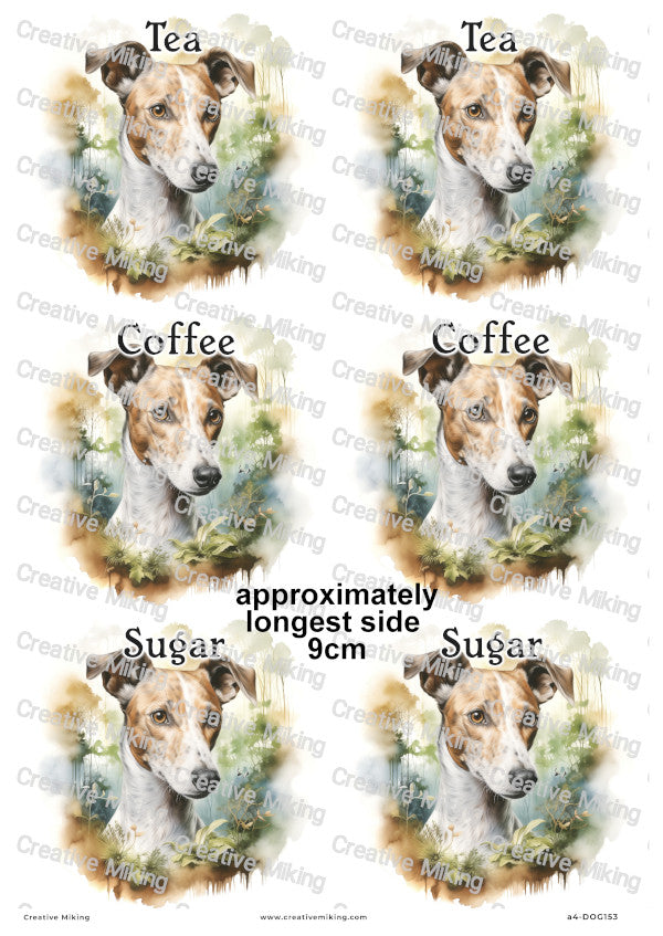Whippet Dog Kitchen Labels Decoupage Rice Paper - Tea, Coffee, Sugar | DOG153