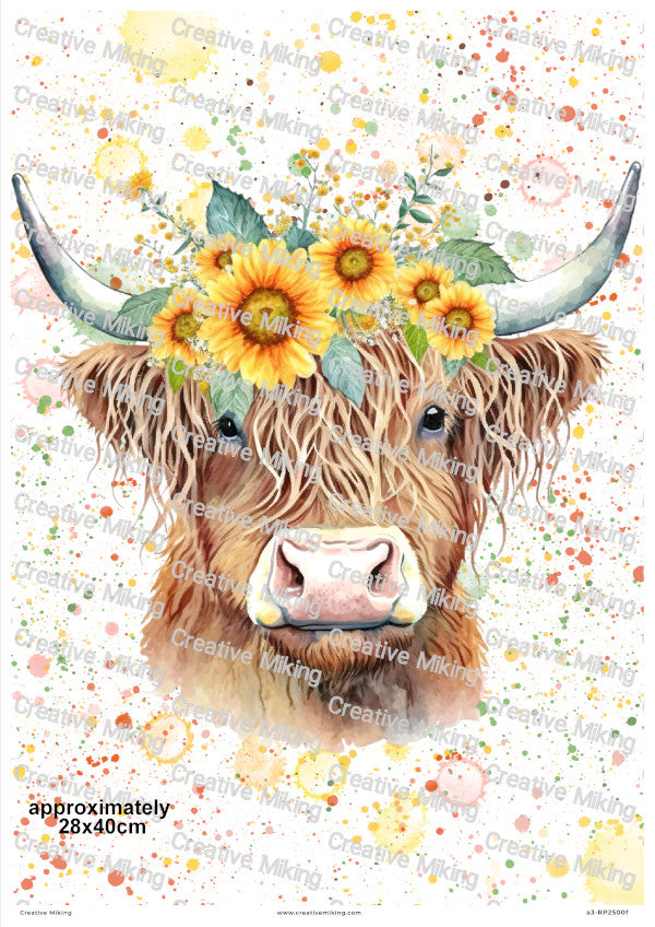 Highland Cow Sunflower Crown Decoupage Rice Paper | RP2500f