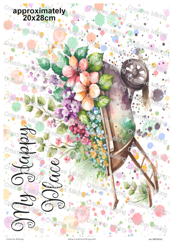 Wheelbarrow Floral Splashes Decoupage Rice Paper | RP2512c