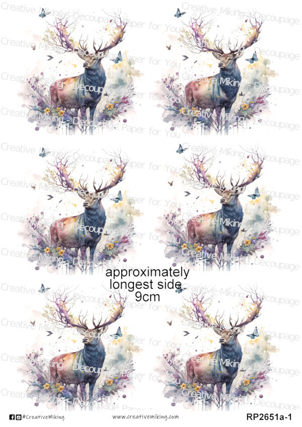 Stag Deer Watercolor Splashes Decoupage Paper | RP2651a1