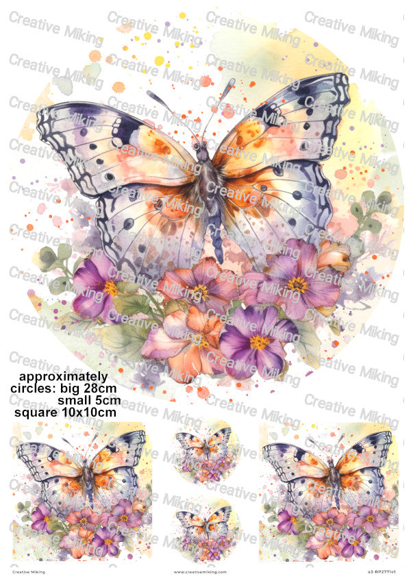 Butterfly Among Flowers Watercolor Splashes Decoupage Rice Paper | RP2771e1