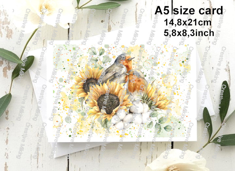 Robin Birds Among Sunflowers And Cotton Watercolor Splashes Decoupage Rice Paper | RP3168c