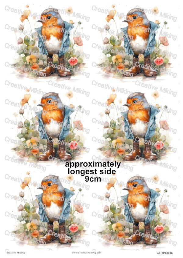 Robin Bird In Boots And Blue Jacket With Flowers Decoupage Rice Paper | RP3270b