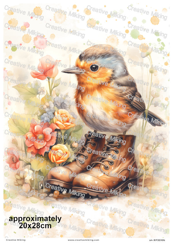 Robin Bird in Boots Among Flowers Decoupage Paper | RP3510b