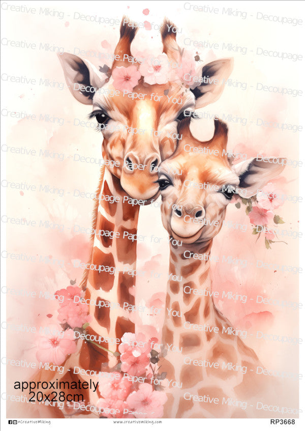 Giraffe Mother And Baby With Pink Flowers Decoupage Paper | RP3668