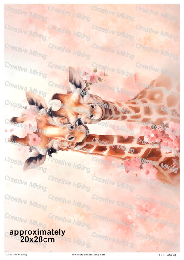 Giraffe Mother And Baby With Pink Flowers Decoupage Paper | RP3668a