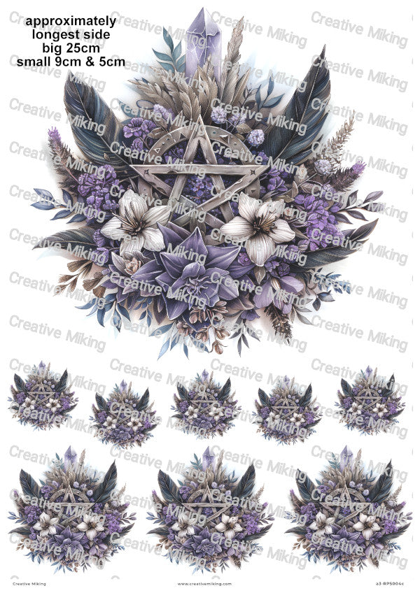 Wiccan Pentagram With Crystals Feathers And Flowers Decoupage Rice Paper | RP5004c