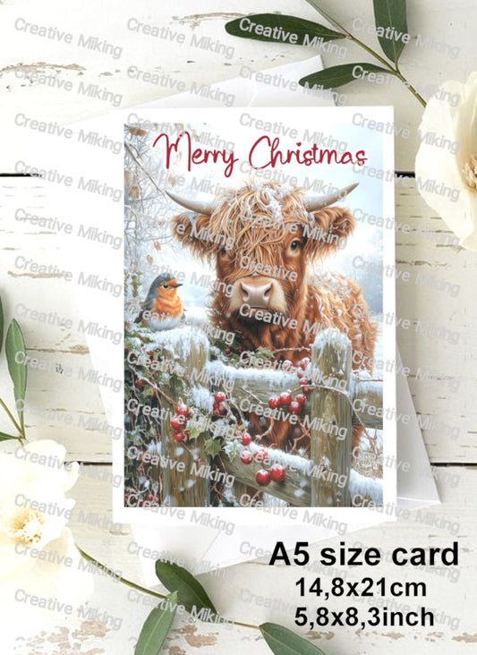 RP5096a - Highland Cow with Robin - "Merry Christmas"