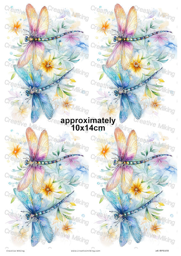 Colourful Dragonflies With Flowers Decoupage Rice Paper | RP5410