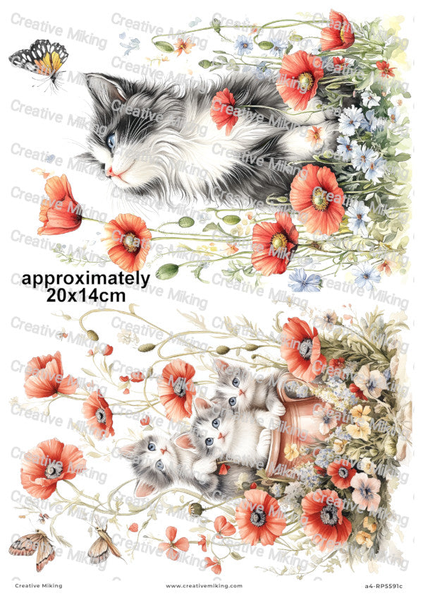 Cats In Poppy Flowers Decoupage Paper | RP5591c