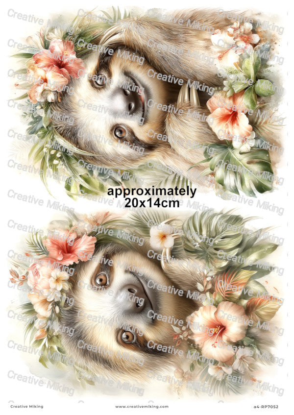 Sloth With Tropical Flowers Decoupage Paper | RP7052