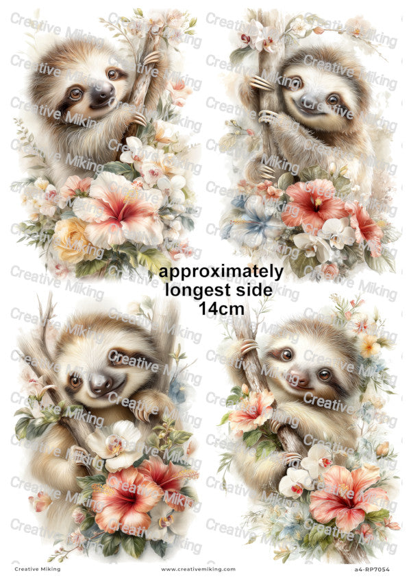Sloth With Tropical Flowers Decoupage Paper | RP7054