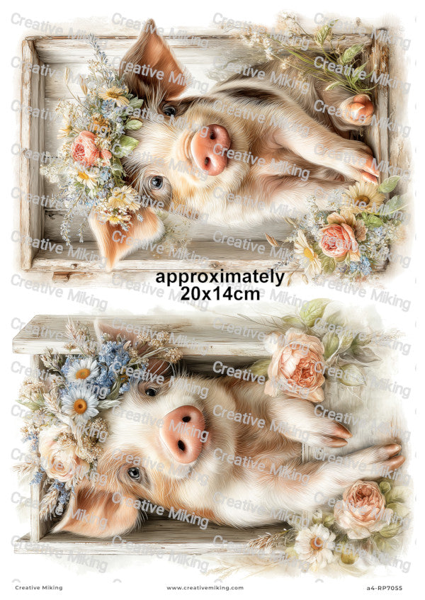 Piglet With Flowers Decoupage Paper | RP7055