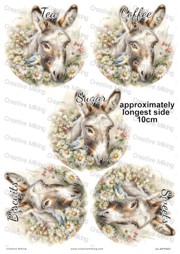 Donkey With Bird And Daisies Kitchen Labels Decoupage Paper – Tea, Coffee, Sugar, Biscuits, Sweets | RP7067