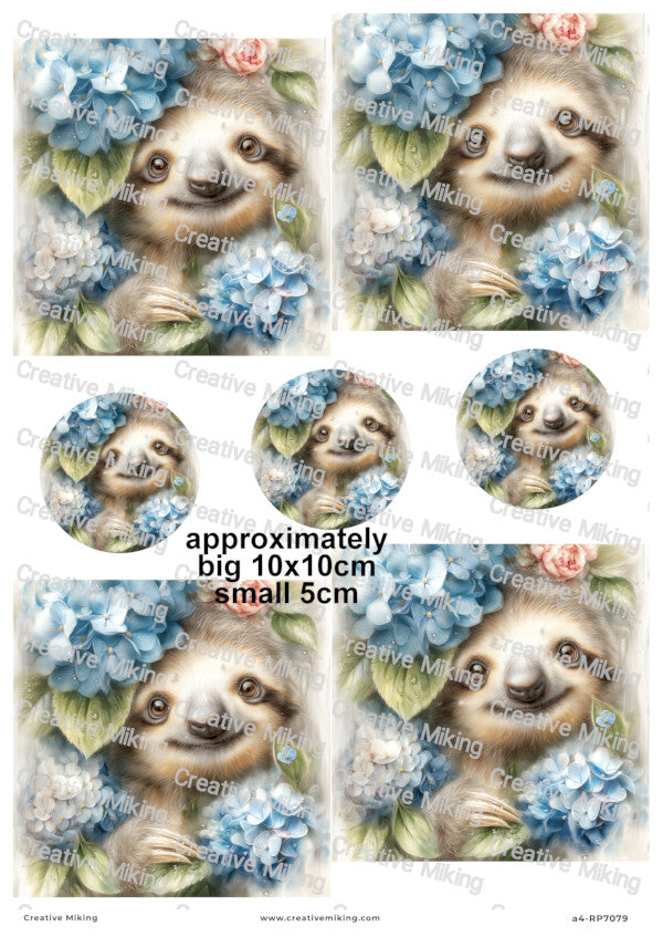 Sloth with Hydrangea Decoupage Paper | RP7079