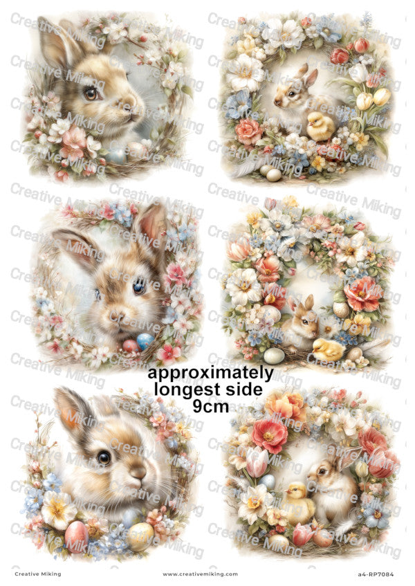 Easter Bunny And Chick Floral Wreath Funny Decoupage Paper | RP7084