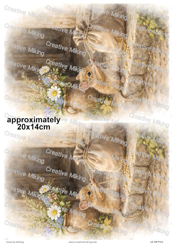 Little Mouse Rustic Countryside Decoupage Rice Paper | RP7104