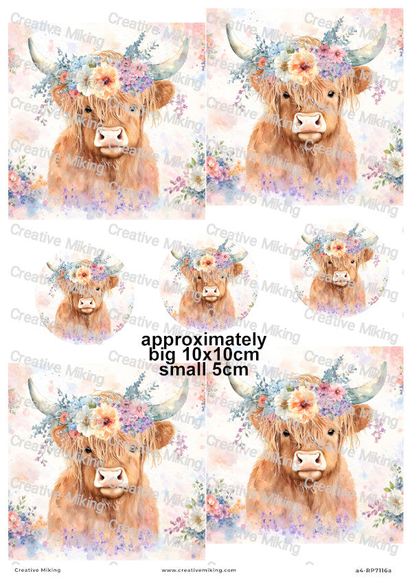 Highland Cow With Wildflowers Watercolor Decoupage Paper | RP7116a