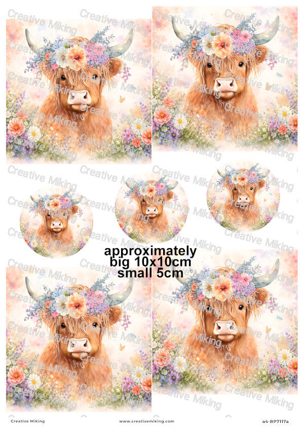 Highland Cow With Wildflowers Watercolor Decoupage Rice Paper | RP7117a