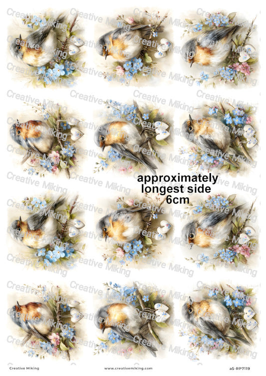 Robin Bird With Forget-Me-Nots And Hearts Decoupage Rice Paper | RP7119