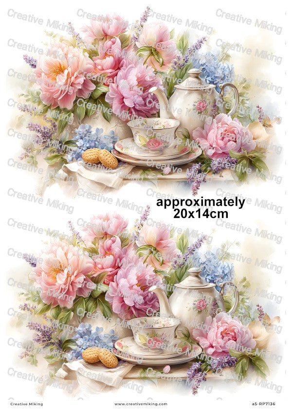 Floral Teapot With Peonies Decoupage Rice Paper | RP7136