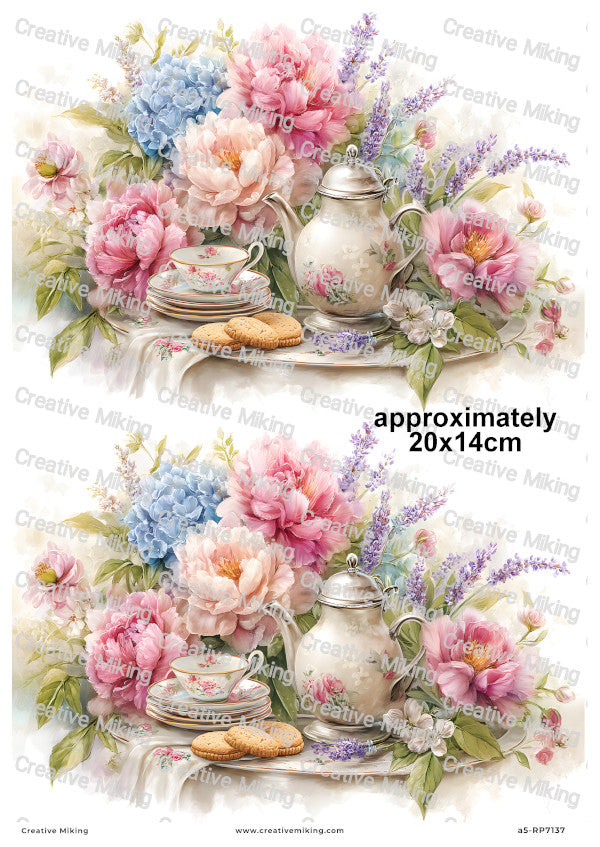 Floral Teapot With Peonies Decoupage Rice Paper | RP7137