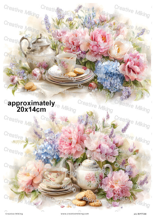 Floral Teapot With Peonies Decoupage Rice Paper | RP7138