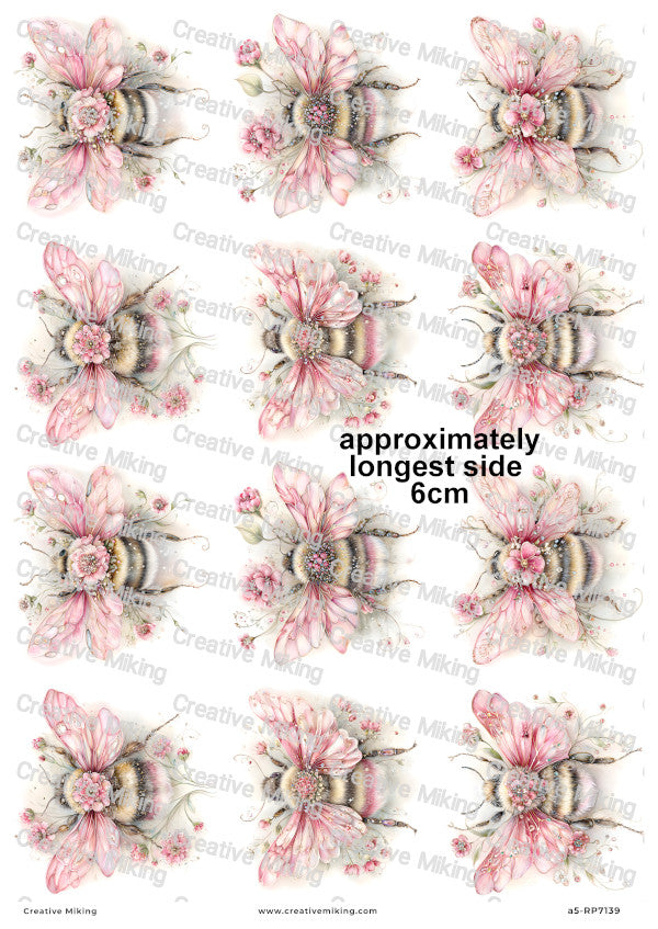 Pink Floral Bumblebees Decoupage Rice Paper | RP7139