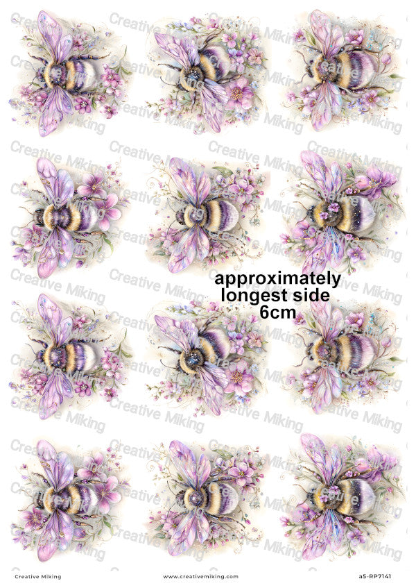 Purple Floral Bumblebees Decoupage Rice Paper | RP7141