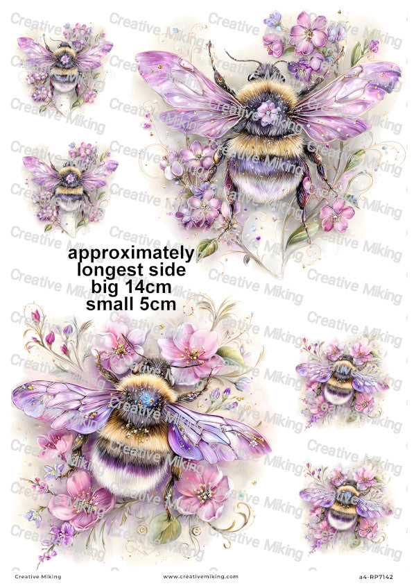 Purple Floral Bumblebees Decoupage Rice Paper | RP7142