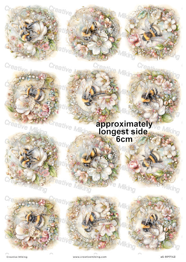 Pearl Floral Bumblebees Decoupage Rice Paper | RP7143