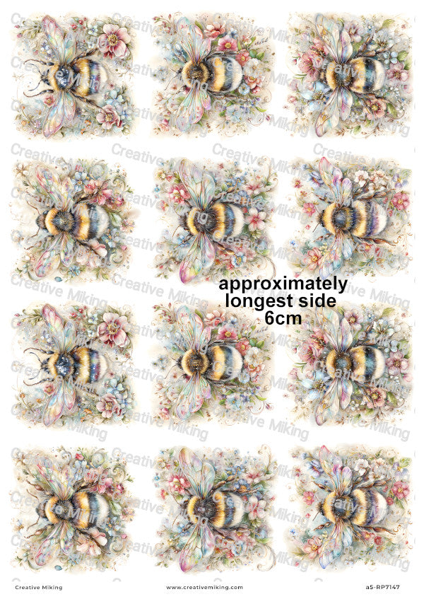 Rainbow Floral Bumblebees Decoupage Rice Paper | RP7147