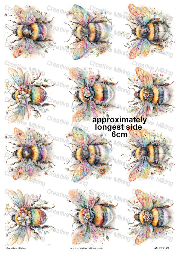 Rainbow Floral Bumblebees Decoupage Rice Paper | RP7149