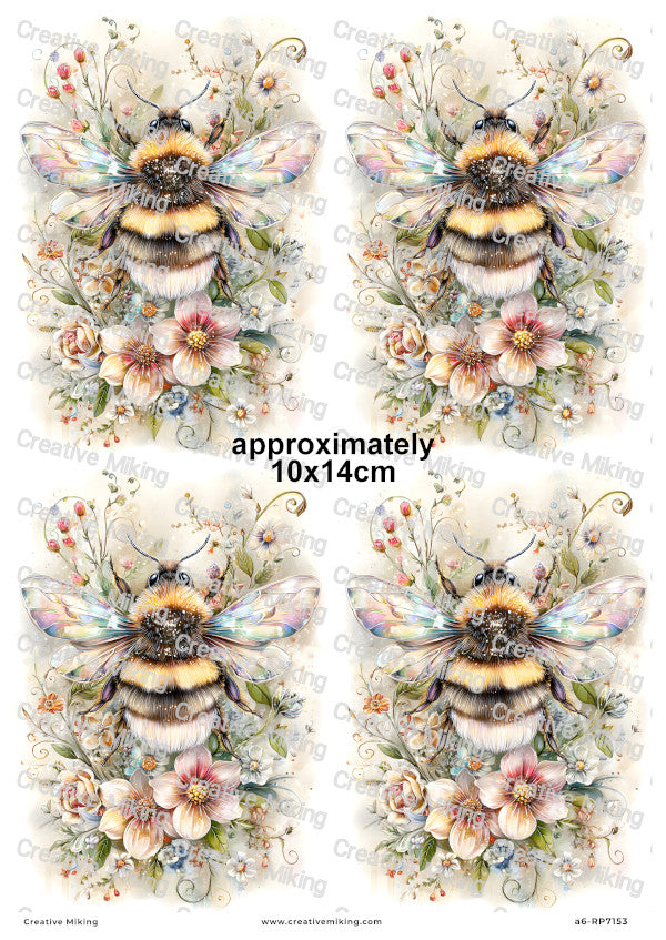 Rainbow Floral Bumblebees Decoupage Rice Paper | RP7153