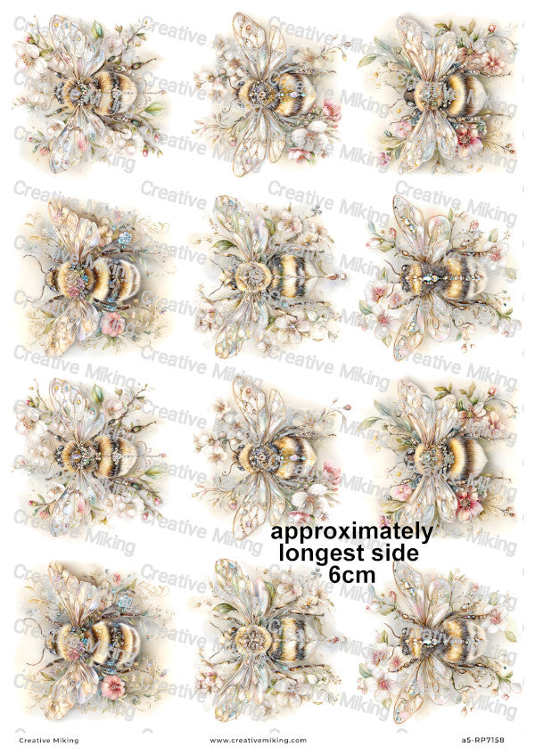 Crystal Floral Bumblebees Decoupage Rice Paper | RP7158