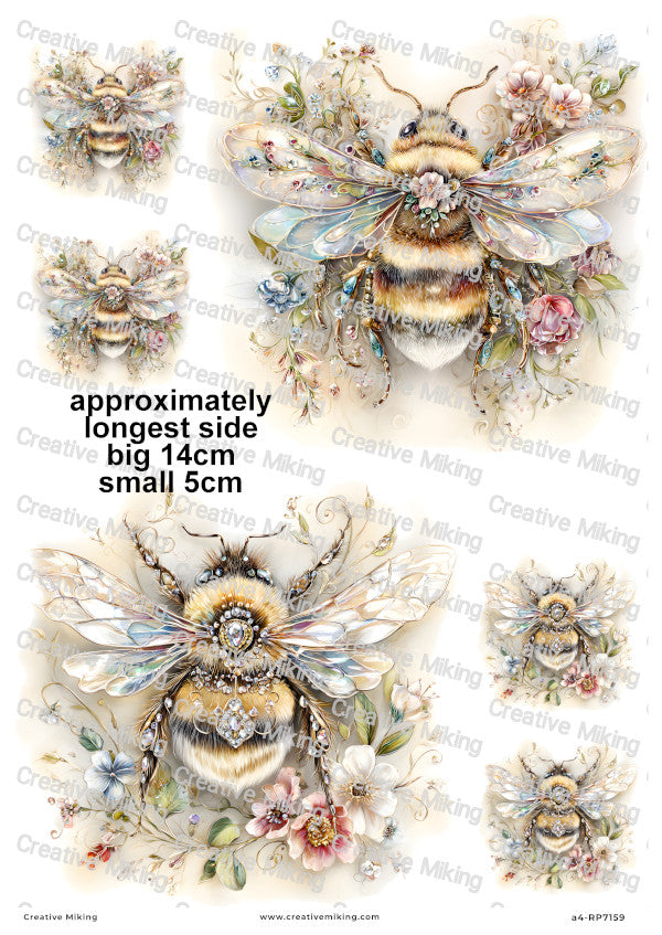 Crystal Floral Bumblebees Decoupage Rice Paper | RP7159