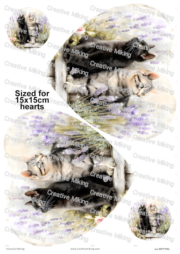Black And Tabby Cats With Lavender Decoupage Rice Paper | RP7179b