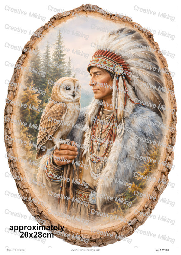 Native American Chief With Owl Decoupage Rice Paper | RP7190