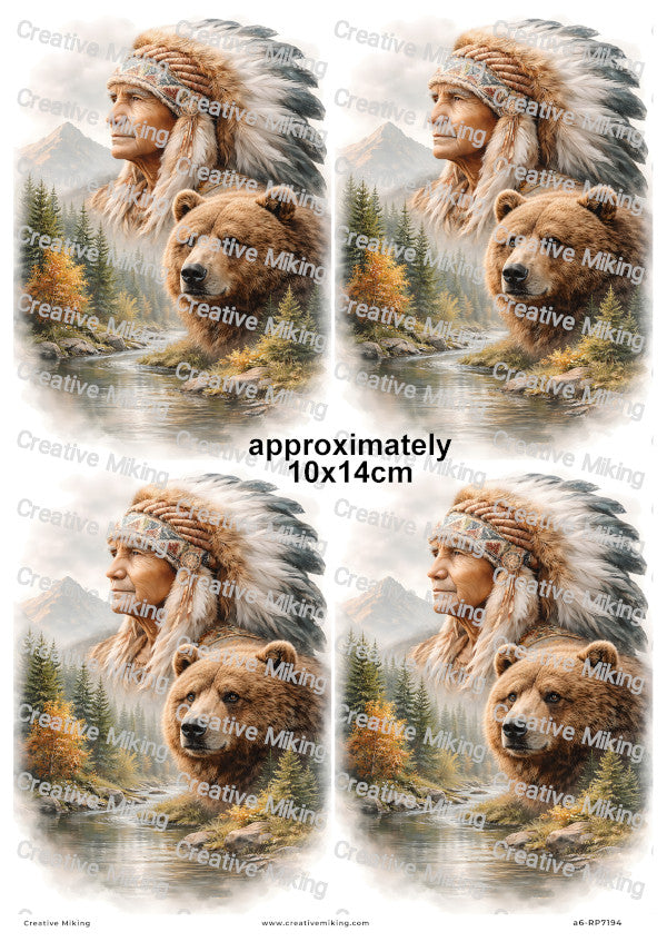 Native American Chief With Bear Decoupage Rice Paper | RP7194