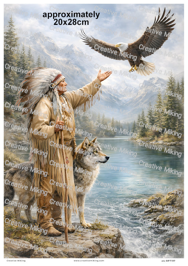 Native American Chief With Wolf And Eagle Decoupage Rice Paper | RP7197
