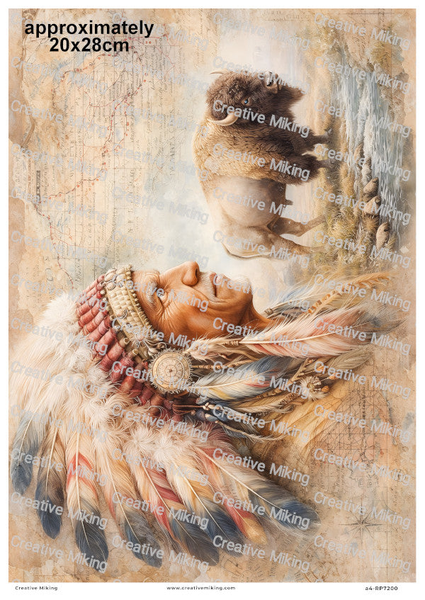 Native American Chief With Buffalo Decoupage Rice Paper | RP7200