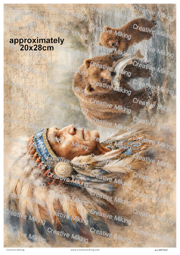 Native American Chief With Bear And Cub Fishing Decoupage Rice Paper | RP7201