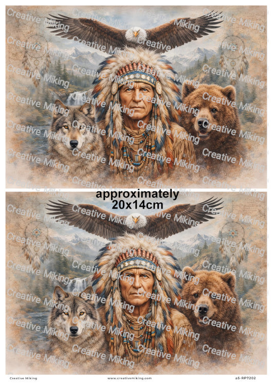 Native American Chief With Bear Wolf And Eagle Decoupage Rice Paper | RP7202