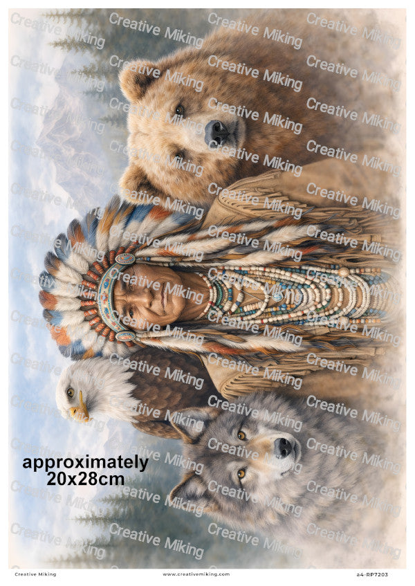 Native American Chief With Bear Wolf And Eagle Decoupage Rice Paper | RP7203