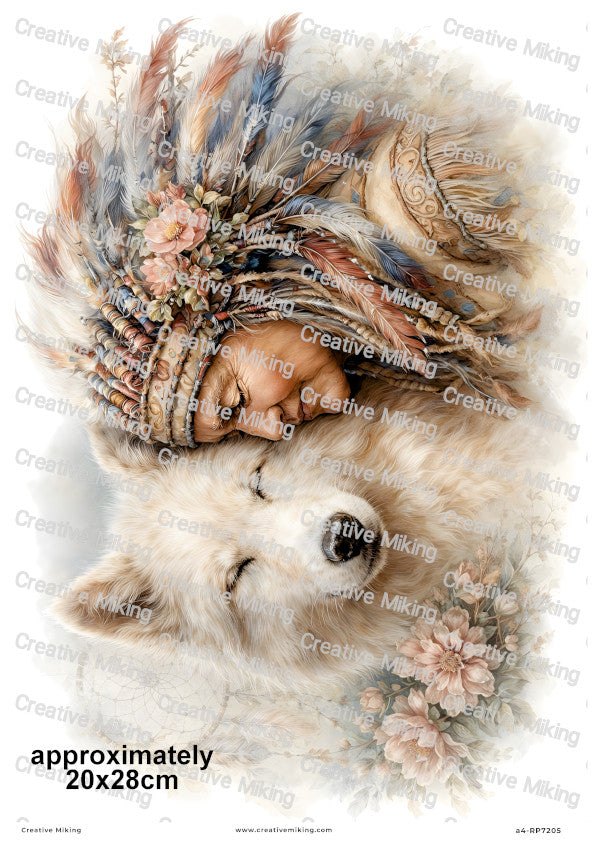Native American Chief With White Wolf Decoupage Rice Paper | RP7205