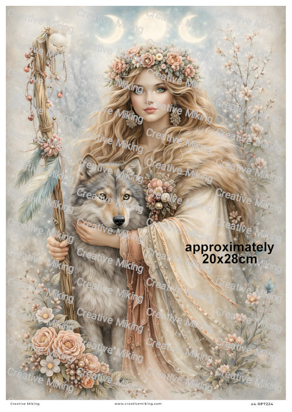 Wolf Goddess With Triple Moon Decoupage Rice Paper | RP7224