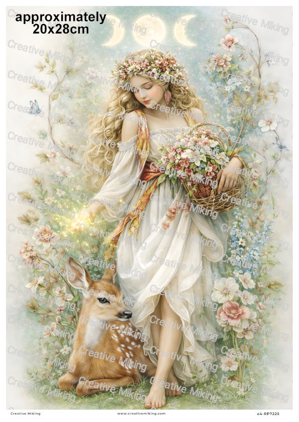Spring Goddess With Deer And Flowers Decoupage Rice Paper | RP7225