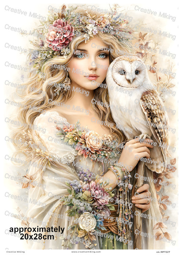 Owl Goddess With Flowers Decoupage Rice Paper | RP7227