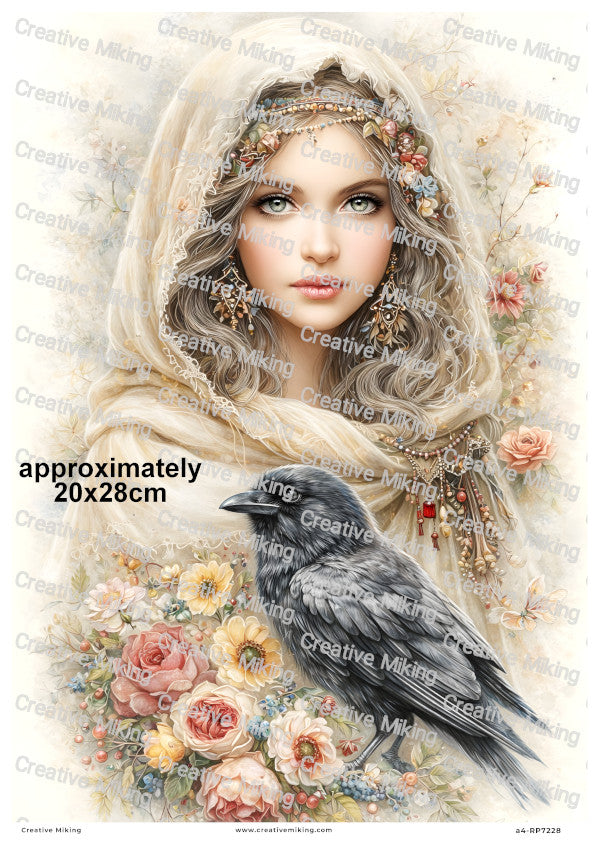 Raven Goddess With Flowers Decoupage Rice Paper | RP7228