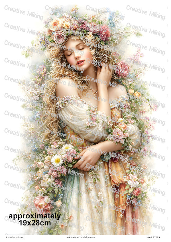 Floral Goddess Romantic Woman With Flowers Decoupage Rice Paper | RP7229